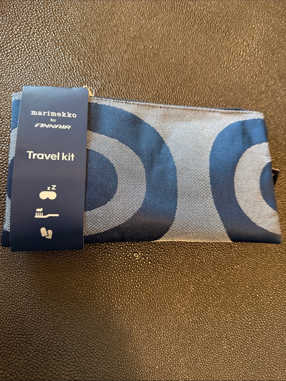 Marimekko Navy and Light Blue Travel Pouch Travel Kit with toothbrush and more